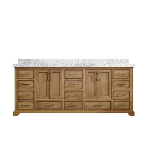 Willow Collections Charlotte Teak 84 in. W x 22 in. D x 36 in. H Double Sink Bath Vanity in Premium Polish with 2 in. Carrara Marble Top