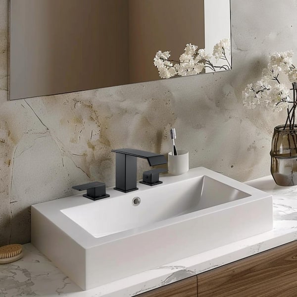 8 in. Widespread Double Handle Bathroom Faucet with Drain Kit Included in Black