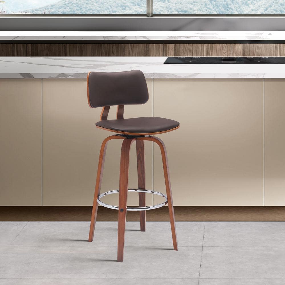 Pico Swivel 30 in. Brown/Walnut and Chrome Wood Bar Stool with Brown Faux L