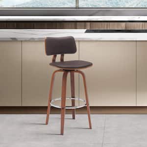 Pico Swivel 30 in. Brown/Walnut and Chrome Wood Bar Stool with Brown Faux Leather Seat