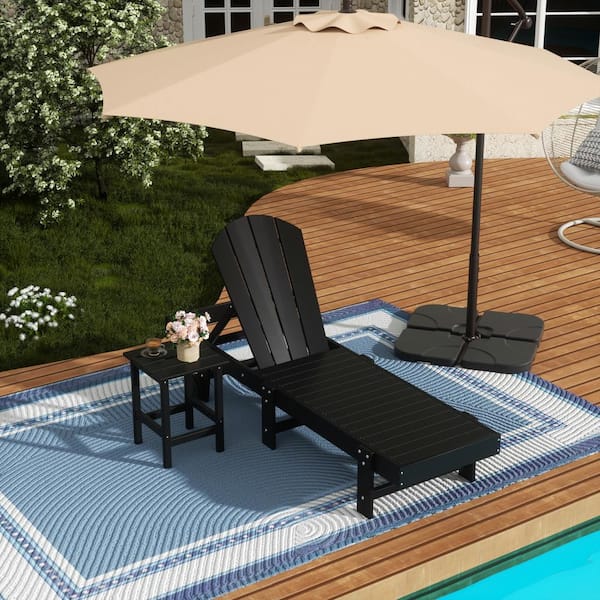 Laguna 2-Piece Fade Resistant HDPE Plastic Adjustable Outdoor Adirondack Chaise with Wheels and Side Table in Black
