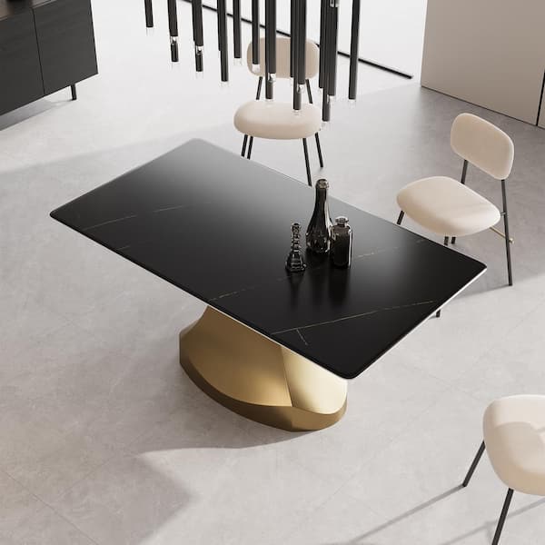 Monland Modern Rectangle Black Lauren Blackstone Tabletop 55.12 in. Titanium Stainless Steel Pedestal Dining Table (4-Seats)