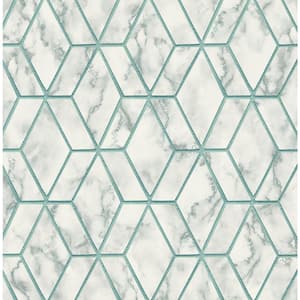 56 sq. ft. Calcutta and Metallic Aqua Jodene Marbled Geometric Unpasted Paper Wallpaper Roll