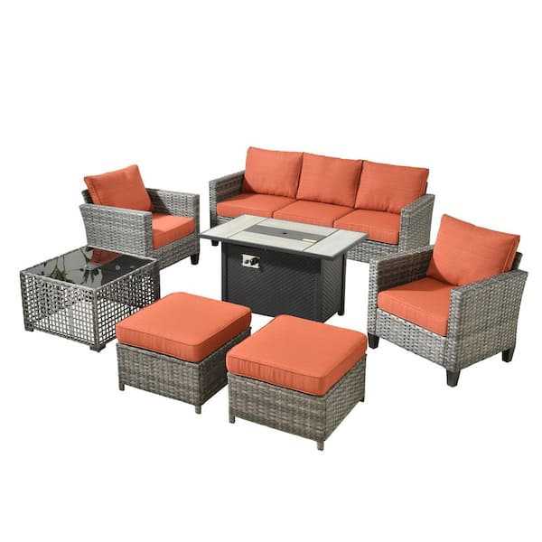 Daphne 7-Piece Wicker Outdoor Patio Conversation Sofa Seating Chair Set with Metal Fire Pit and Orange Red Cushions