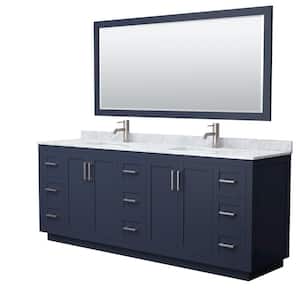 Miranda 84 in. W x 22 in. D x 33.75 in. H Double Sink Bath Vanity in Dark Blue with White Carrara Marble Top and Mirror