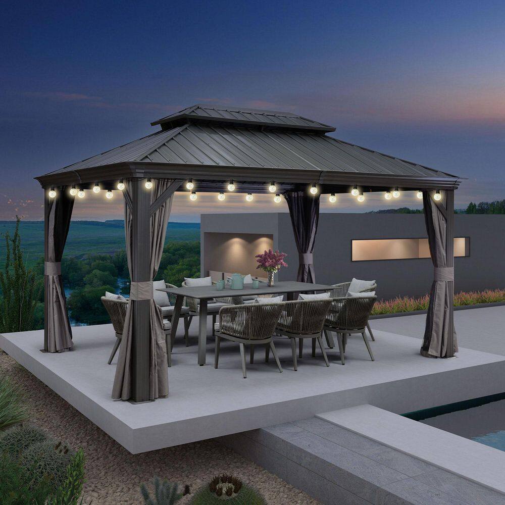 12 ft. x 14 ft. Gray Aluminum Frame Patio Outdoor Hardtop Gazebo for Backyard, Hooks Netting Upgraded Curtain 24-Lights price history on PriceWatchPro