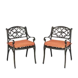Sanibel Rust Bronze Stationary Cast Aluminum Outdoor Dining Arm Chair with Coral Cushion (2-Pack)