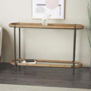 51 in. Brass Extra Large Oval Metal Oval 1 Shelf Console Table with Brown Wooden Framed Glass Tabletop