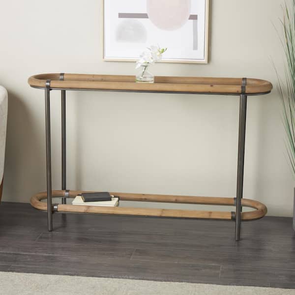 Litton Lane 51 in. Brass Extra Large Oval Metal Oval 1 Shelf Console Table with Brown Wooden Framed Glass Tabletop