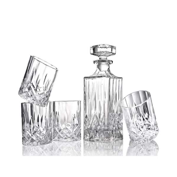 Italian Crafted 30 oz. Non-Leaded Crystal Whiskey Decanter Set with 4 11 oz. Diamond Wedge Cut Glasses, Crystal Stopper