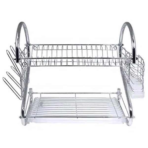 2 Tier Chrome S-Shaped Dish Rack with Side-Mounting Mug Stand and Cutlery Holder