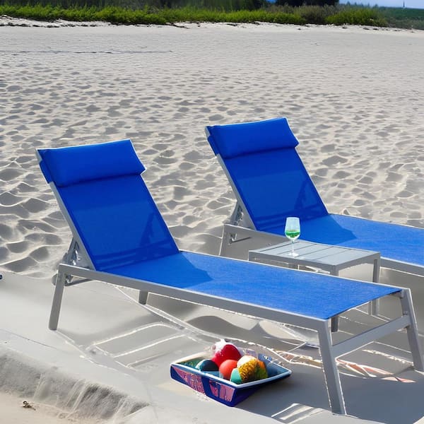 Unbranded 3-Piece Adjustable Blue Metal Outdoor Chaise Lounge Set with Side Table And Headrest
