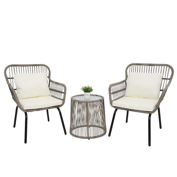 cenadinz 3-Piece Patio Wicker Conversation Bistro Set with 2 Chairs & Glass Top Side Table & Cushions Tan