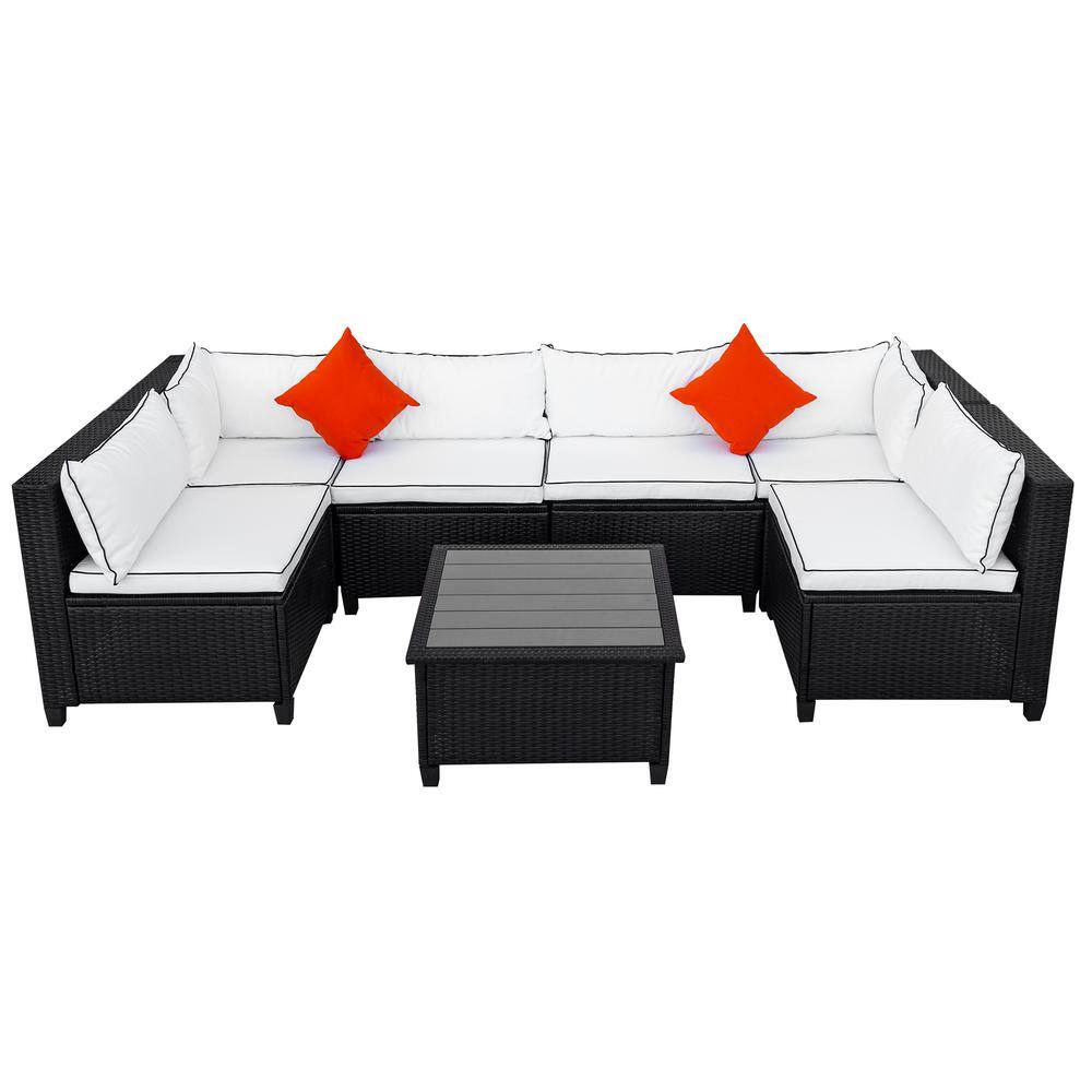 Black 7-Piece Wicker Rattan U-Shape Outdoor Furniture Sofa Conversation Set