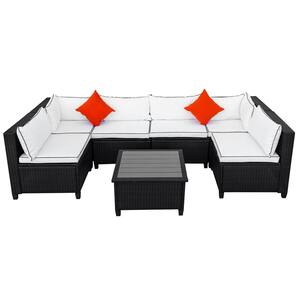 7-Pieces Patio Furniture Set Outdoor Rattan Wicker Conversation Set Sofa Set with Table, Armless Chairs, Beige Cushion