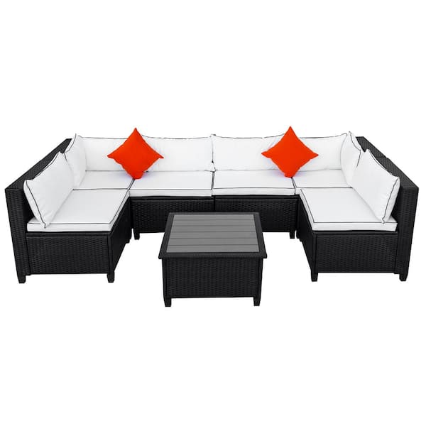 URTR 7-Pieces Patio Furniture Set Outdoor Rattan Wicker Conversation Set Sofa Set with Table, Armless Chairs, Beige Cushion
