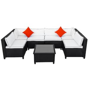 Brown 7-Piece Wicker Metal Fabric Outdoor Sectional Set with White Cushions