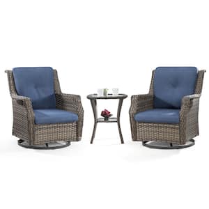 3-Piece Wicker Patio Swivel Rocking Chair Outdoor Bistro Set with Blue Cushions