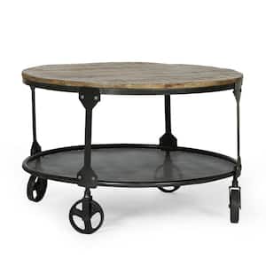 Jason 31 .75 in. Round Wood Natural and Black Handcrafted Coffee Table
