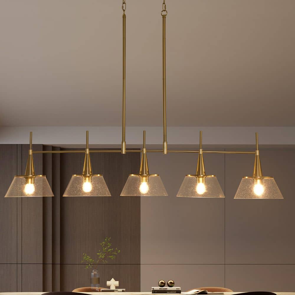 Modern 5-Light Linear Brass Chandelier for Dining Room E26 Kitchen Island Pendant Light with Seeded Glass Shade price history on PriceWatchPro