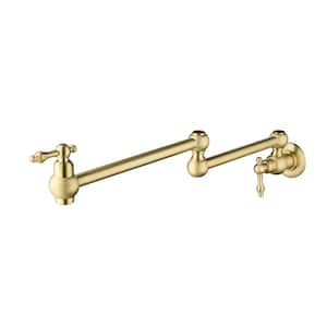 Wall Mounted Pot Filler with Double Joint Swing Arms 1 Hole 2 Handle Brass Foldable Kitchen Sink Faucets in Brushed Gold