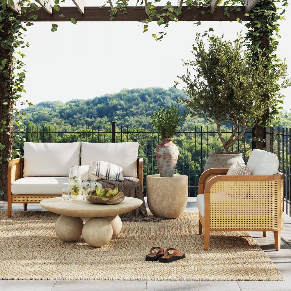Twila Bohemian White Cushioned Patio Chair with Acacia Wood Frame