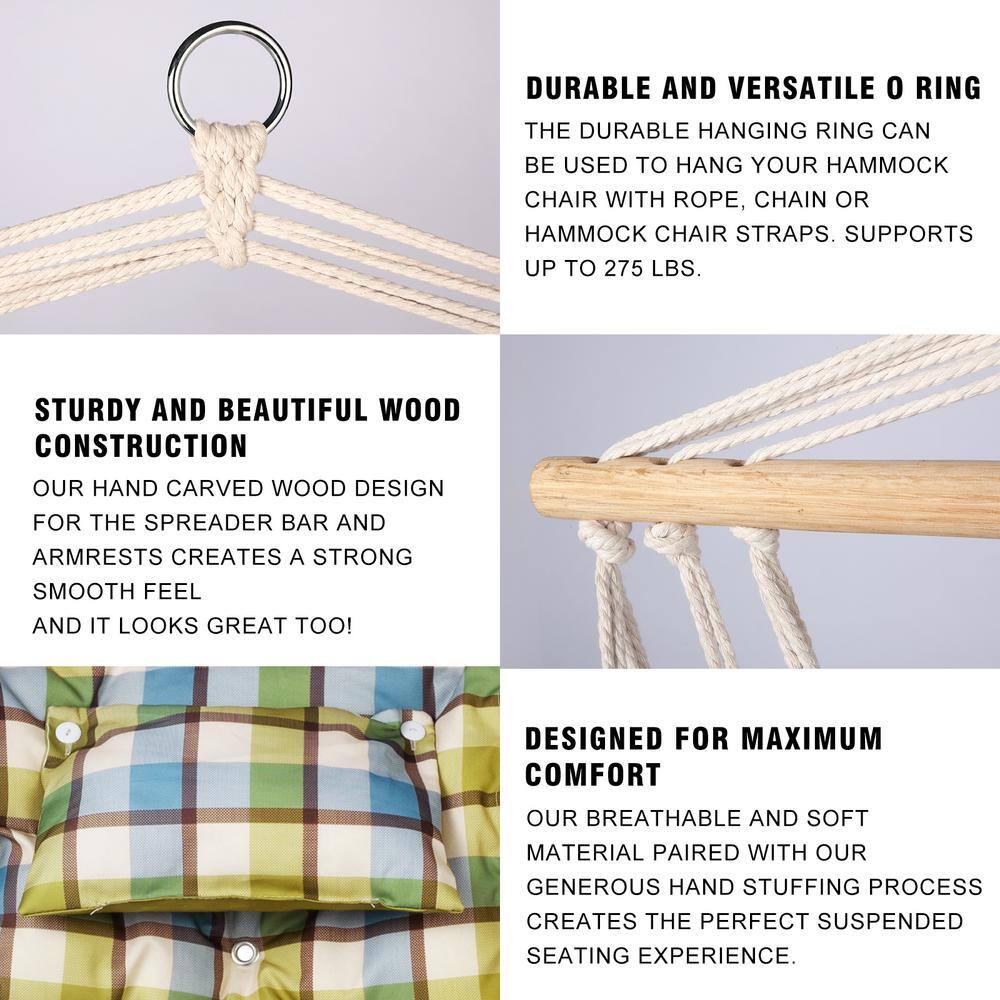 Extra Padded Green Plaid Hanging Chair with Wooden Armrests
