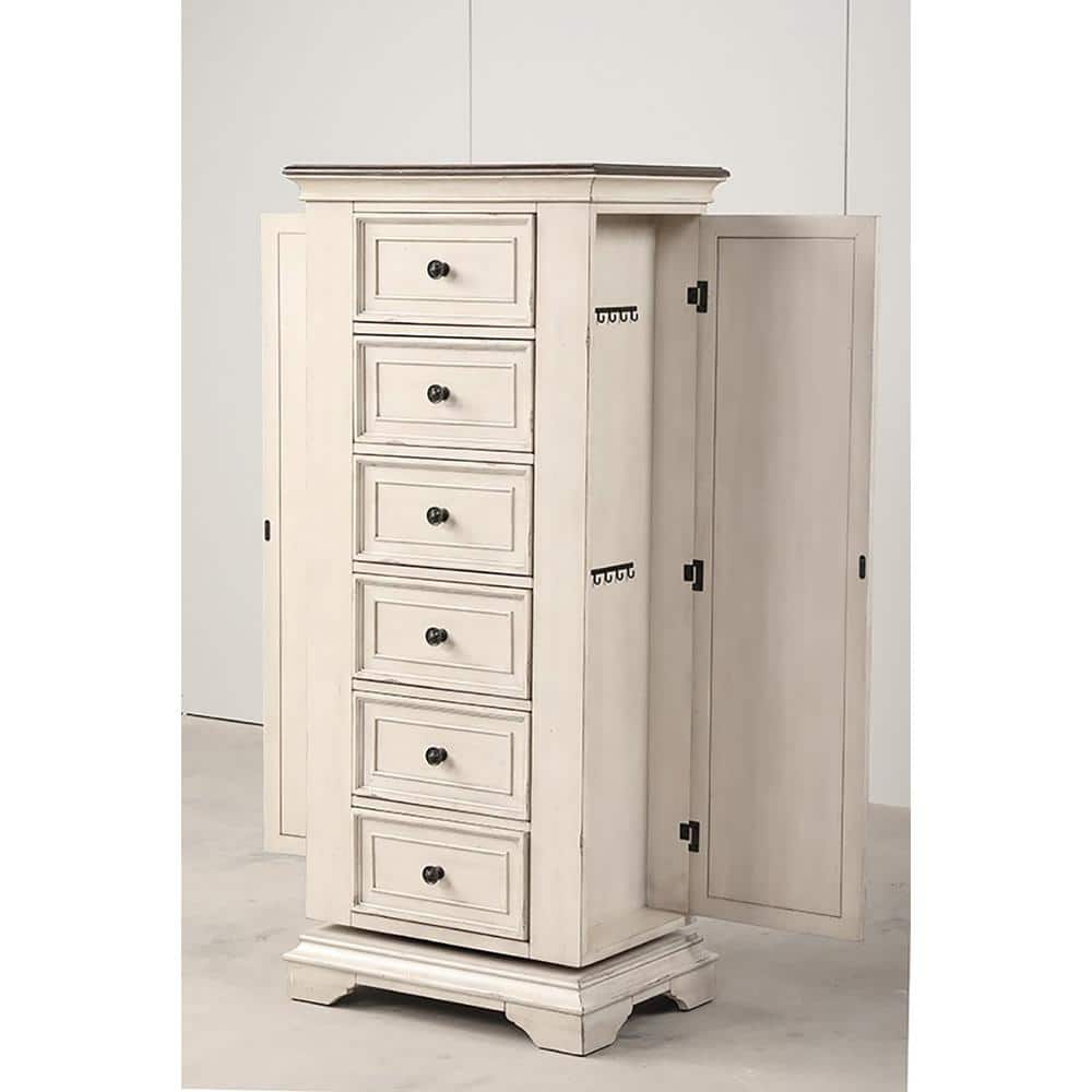 Antique White 6-Drawer Lingerie Chest with Mirror and Velvet Lined Drawers