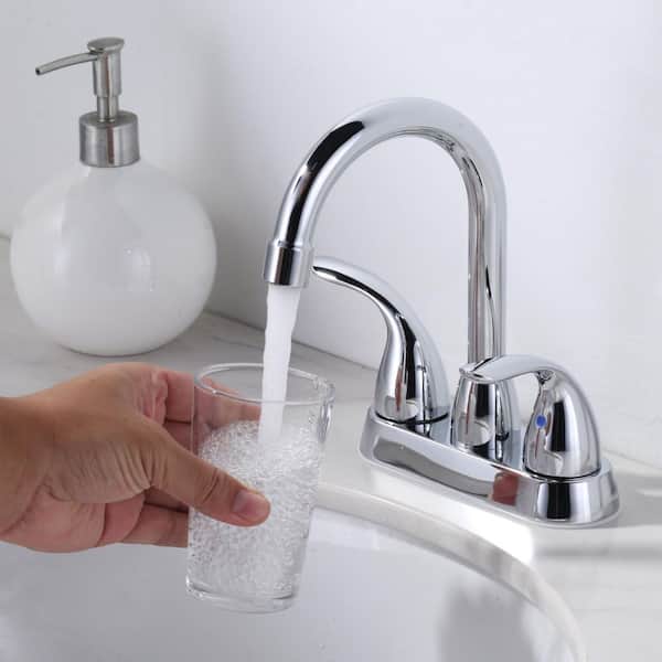 4 in. Centerset Double Handle High Arc Bathroom Faucet with Drain Kit Included and 360° Swivel Spout in Polished Chrome