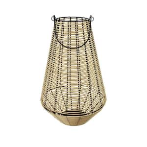 White Decorative Lantern with Fiber Cage Design and Metal Frame