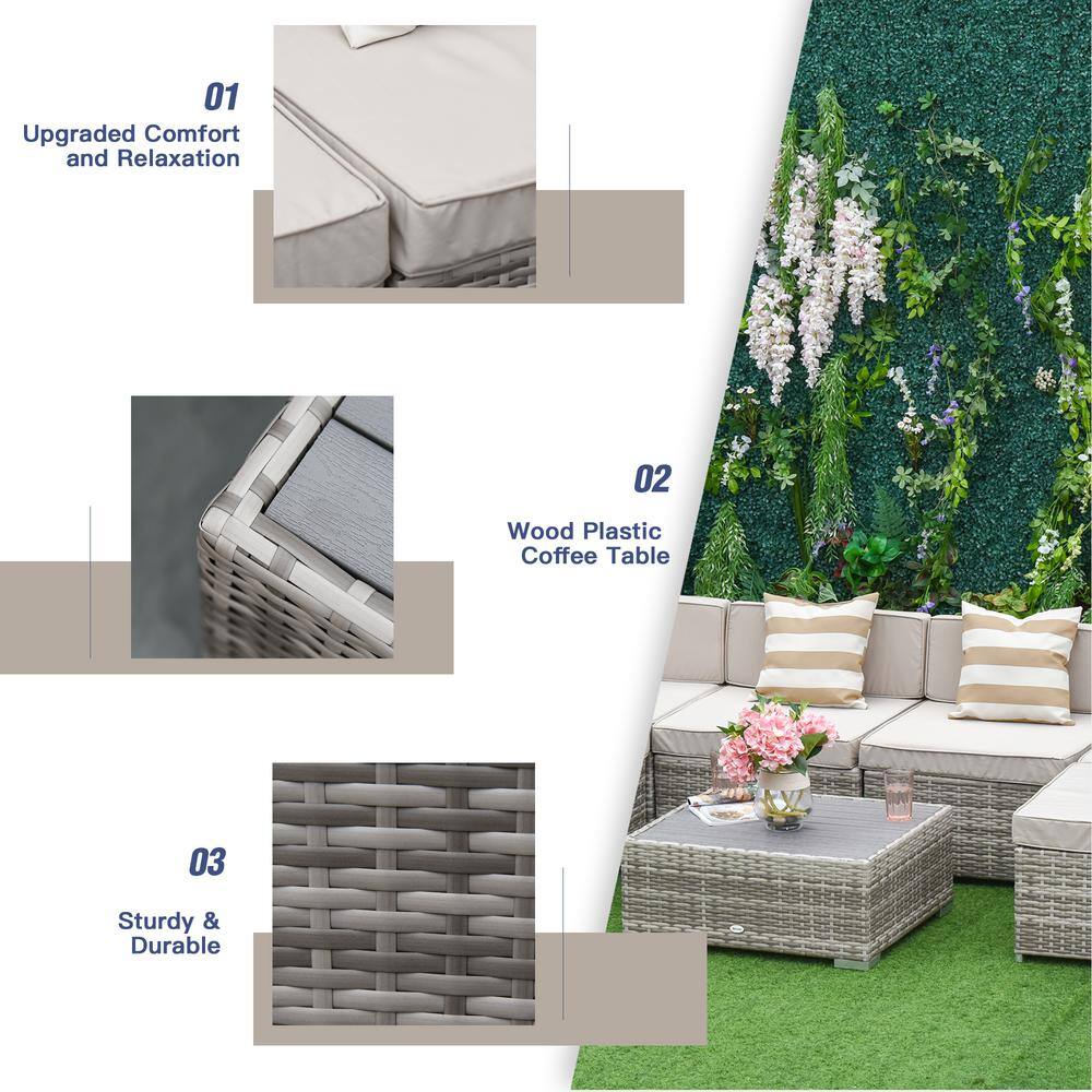 Beige 7-Piece Wicker Rattan Outdoor Sectional Sofa Set with Cushions