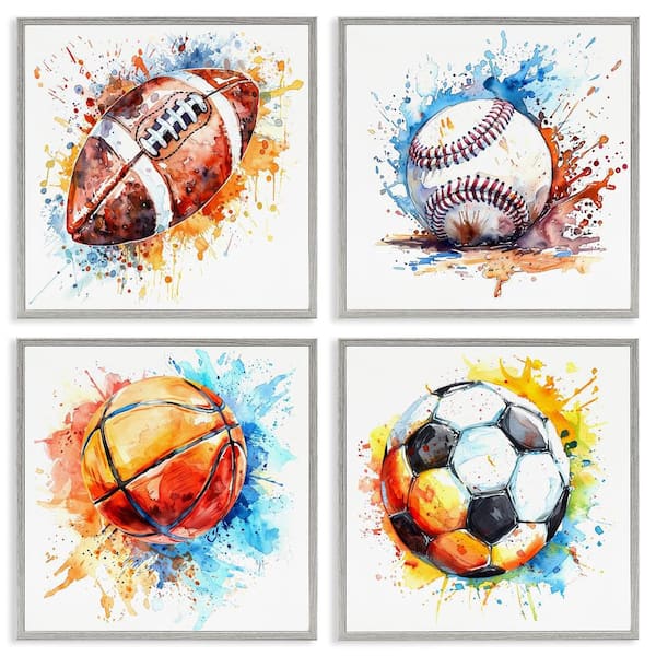 Stupell Industries Modern Splash Sports Balls by LSR Design Studio 4 Pieces Gray Framed Sports Giclee Art Print 12 in. x 12 in.