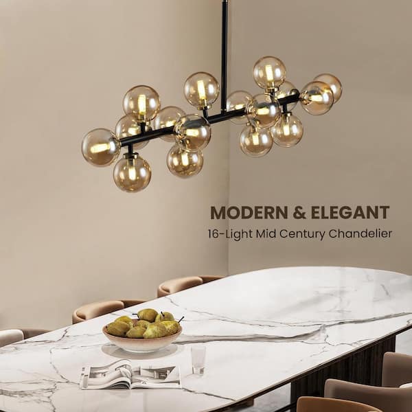 Modern 16 Lights Amber Glass Globe Chandelier for Dining Room Kitchen Island with No Bulbs Included
