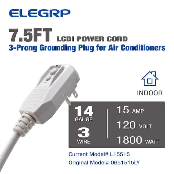 ELEGRP 7.5ft. 120V 15Amp 1800W LCDI Power Cord Plug for Air Conditioner,Leakage  Current Detection Interrupter Replacement, Gray L15515-14AWG - The Home  Depot