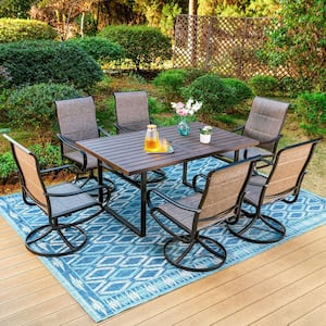 Black 7-Piece Metal Outdoor Patio Dining Set with U Shaped Rectangle Table and Padded Textilene Swivel Chairs