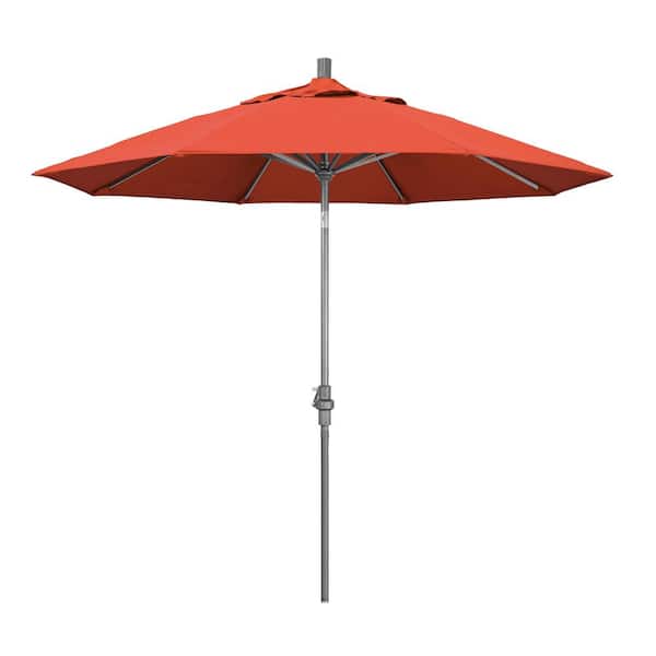 California Umbrella 9 ft. Hammertone Grey Aluminum Market Patio Umbrella with Collar Tilt Crank Lift in Sunset Olefin