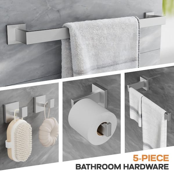 5-Piece Bath Hardware Set with Towel Bar Hand Towel Holder Toilet Paper Holder Towel Hook Modern in Brushed Nickel