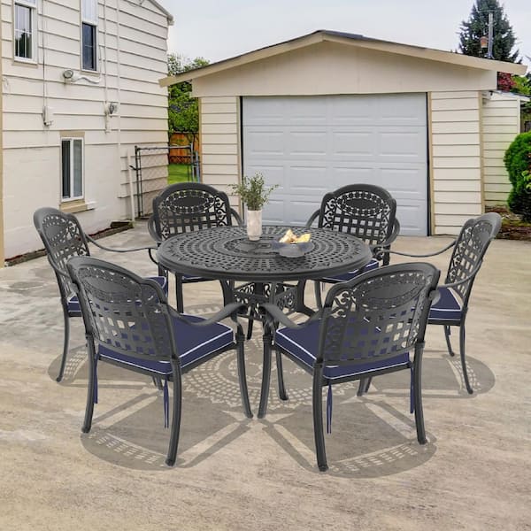 Isabella 7-Piece Cast Aluminum Outdoor Dining Set with 47.24 in. Round Table and Random Color Cushions