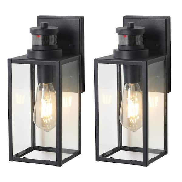 Jushua Matte Black Motion Sensing Outdoor Hardwired Wall Lantern Sconce with No Bulbs Included (2-Pack)