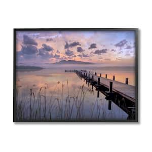 Misty Lake Dock Landscape Sunset Grass By Mike Calascibetta Framed Print Nature Texturized Art 16 in. x 20 in.