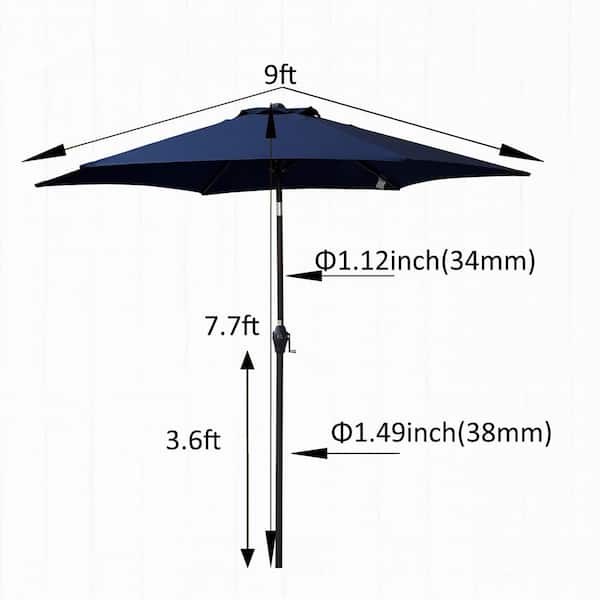 GAWEZA 9 ft. Metal Market Tilt Patio Umbrella in Navy Blue with Push Button Tilt and Crank for Table Backyard Garden Deck Pool