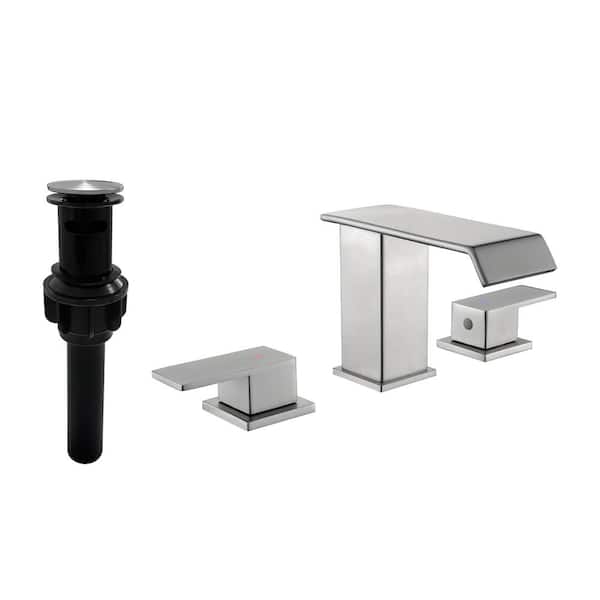 FLG 8 in. Widespread Double Handle Waterfall Bathroom Faucet with Pop-up Drain Kit 3-Holes Sink Basin Taps in Brushed Nickel
