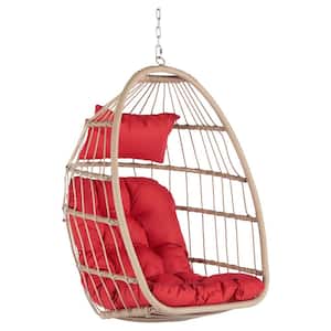 1-Person Rattan Indoor or Outdoor Hanging Hammock Porch Swing Egg Chair with Red Cushions