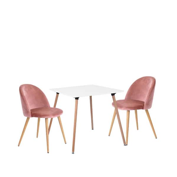 Homy Casa Rookie White Square Table Rose Upholstered Chairs 3-piece Dining Set