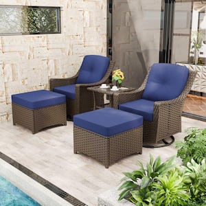 5-Piece Outdoor Wicker Conversation Set with Blue Cushions, Footstool. Side Table