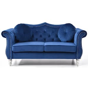 Hollywood 68 in. Round Arm Velvet Rectangle Tufted Straight Sofa in Blue