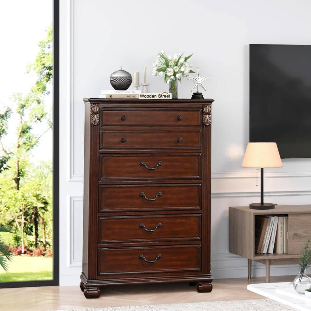 Benjara Miri 51 Inch 6 Drawer Tall Dresser Chest, Brass Carved, Cherry Oak Brown Benjara Miri 51 Inch 6 Drawer Tall Dresser Chest, Brass Carved, Cherry Oak Brown