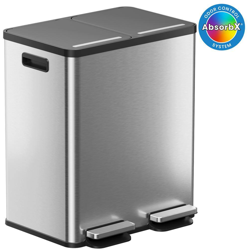 iTouchless 16Gallon Stainless Steel Dual Compartment Step Pedal Trash Can and Recycle Bin with Odor Filters for Home Office Kitchen
