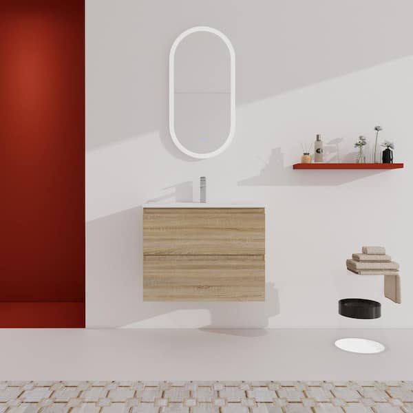 UPIKER Elegant 30.0 in. W x 18.3 in. D x 20.5 in. H Floating Bath Vanity in Light Oak with White Ceramic Top