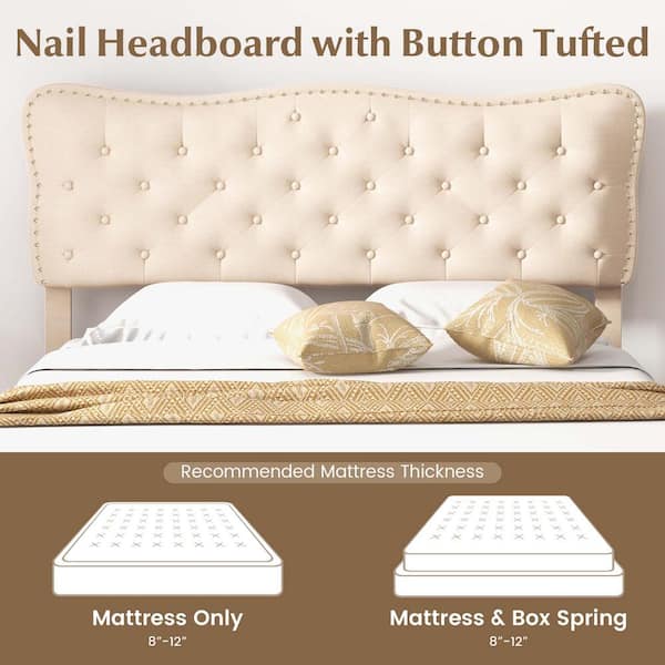 Costway Beige Metal Frame Queen Upholstered Platform Bed